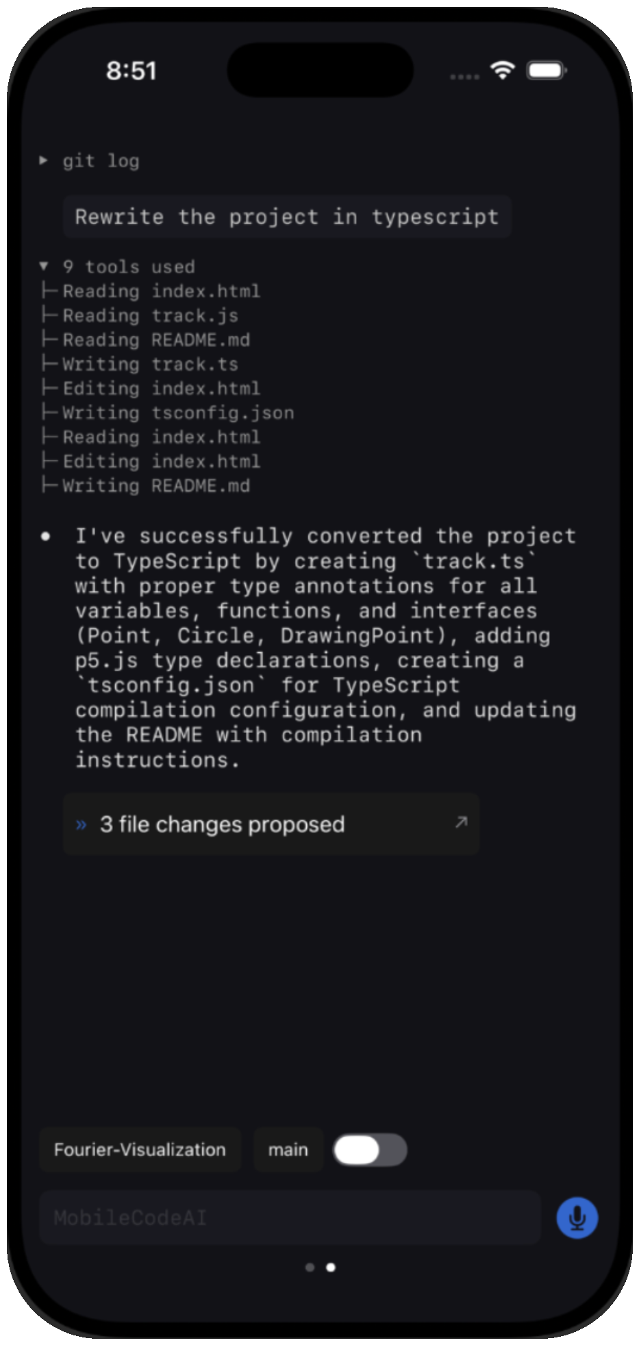 MobileCodeAI app showing AI-powered coding tasks on iPhone